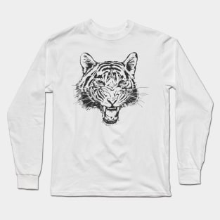 Hand-Drawn Tiger Head Sketch Teeth Growling Outline Long Sleeve T-Shirt